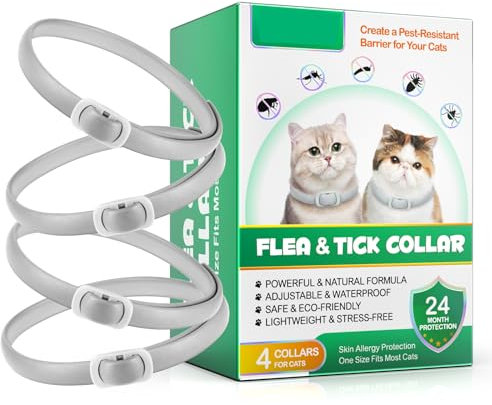 Zecken-Flohband Katze, Flohhalsband für Katzen, 4 Stück gegen Larven und Eier, 24 Monate lang wirksamer Schutz, Schutz vor Hautallergien, weich und bequem, verstellbar, wasserdicht