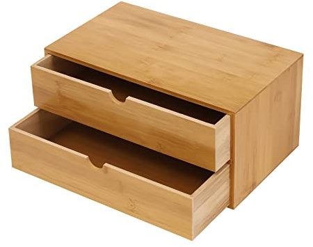 POTYYH Organisateur de bureau, boîte à tiroirs en bambou, mini commode, design monobloc, boîte d'étagère boîte à maquillage avec 2 tiroirs pour bureau, salon et chambre à coucher