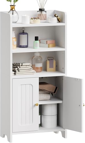 BEWISHOME Mobile da Bagno, Mobiletto Bagno per Bagno, Soggiorno, Cucina, con 2 Porte e 2 Divisori Regolabili, 20 x 37 x 80 cm, Bianco, EYYG08W
