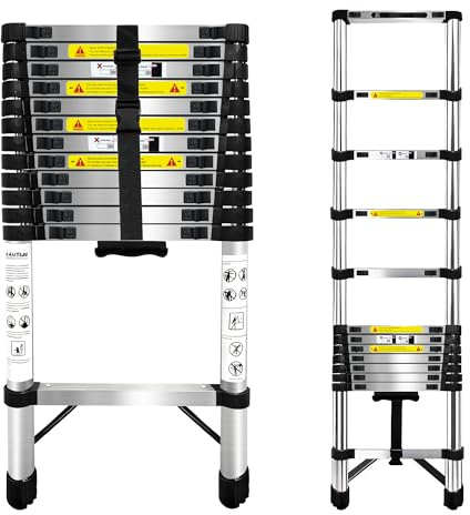 Escalera Telescópica de 3.8m,Escalera Plegable Acero Inoxidable,Escalera con cierre de seguridad con Patas Antideslizantes,Escalera Extensible,Para Mantenimiento,Techos,Camping,Capacidad MáXima 150 Kg