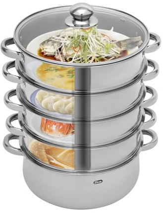 5 Tier Stainless Steel Steamer, Multi Purpose Food Steamer, Large Capacity Steaming Pot With Glass Lid, Suitable for Induction Hobs, Gas Hobs, Electric Hotplates and Similar Cooking Appliances