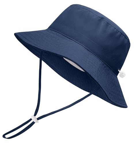 Xnova Bébé Enfant Chapeau de Soleil Réglable, Chapeaux de Seau Large Bord Unisex UPF 50+ Bucket Hat Bob Anti-UV Casquette pour Fille Garcon (Bleu, S(Circonférence Chapeau: 48-50cm))