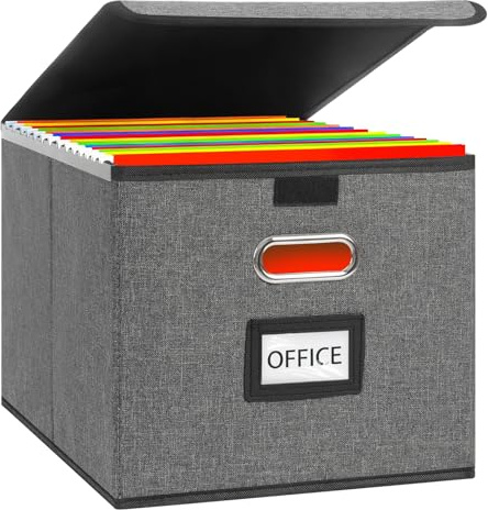 Upgraded Portable File Storage Box with Lid, Foldable Hanging File Organizer for A4 Documents, Fabric File Box with Plastic Slides & Metal Handles, Large Capacity Document Storage (Dark gray linen)