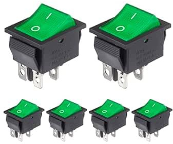 Lot de 6 Interrupteurs a Bascule 4 Broches 2 Positions ON/OFF DPST 16A 250VAC 20A 125VAC avec Lumiere Verte Bouton Commutateur pour Appareils Electromenagers Bateaux Voitures