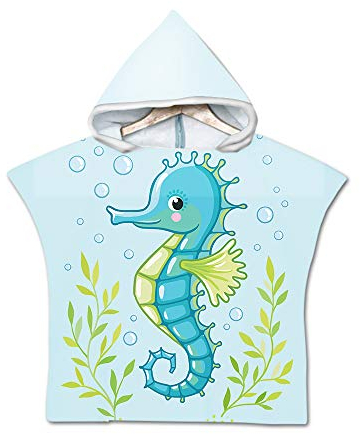 Chickwin Poncho Toalla de Baño con Capucha para Niños, Toalla de Playa Bañera Toalla de Bañera Ducha Natación Surf para Niñas Niños Infantiles (60x80cm,Caballo de mar)