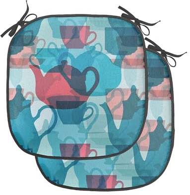 Ambesonne Tea Party Chair Seating Cushion Set of 4, Crockery Composition Abstract Overlapping Silhouettes Teapot and Cups, Anti-Slip Seat Padding for Kitchen & Patio, 16x16, Dark Coral Pale Blue