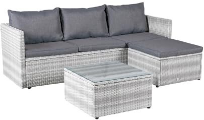 LC Garden Loungino Balkonmöbel für 3-4 Personen Lounge, Sitzgruppe mit Tisch + Hocker, Gartenlounge, Ecksofa, Garten wie Balkon + Terrasse Parma Geflecht
