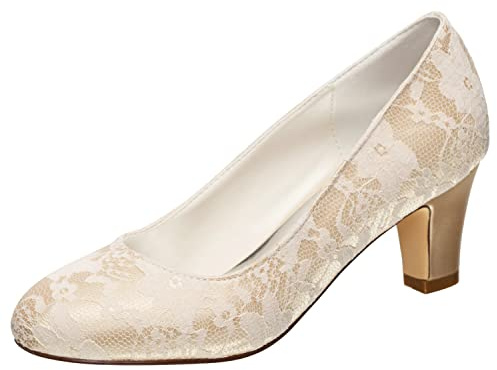 Emily Bridal 1505-1 Women's Wedding Shoes Closed Toe 2.56 Inches Chunky Heel Lace Satin Pumps Bridal Shoes
