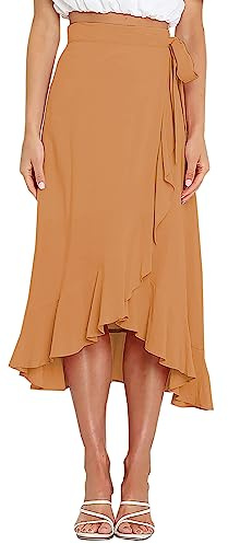 FEOYA Women's High Waisted Tie Wrap Midi Skirts Plain Ruffle Hem Split Maxi Wrap Skirts Casual Summer Beach Long Skirts Khaki M