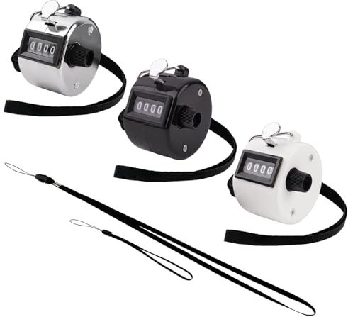 BGJRBY 3 Pack Hand Tally Clicker Counter 4 Digit Display Mechanical Palm with Metal Finger Ring for Coaching, Knitting, Lap, Fishing, Golf and Row Sport with 2-Nylon Lanyard (Black White Silver)