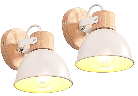 iDEGU 2 Piezas Lámparas de Pared Vintage Diseño Retro Aplique Pared Interior de Madera Hierro Iluminación E27 Ajustable Lámpara de Techo Industrial Foco de Pared para Dormitorio Pasillo (Blanco Mate)