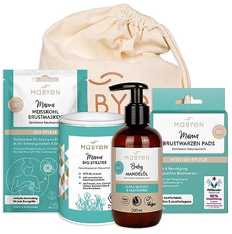 MABYEN Wochenbett Set für Mamas | Erstausstattung für die ersten Wochen mit Baby nach der Geburt - Set mit 3x Weißkohl Brustmaske, 10x Brustwarzen Pads, 1x Mandelöl