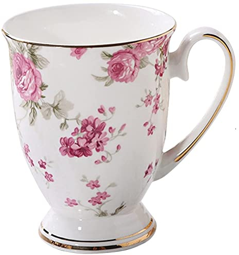 VollfitYYu Tasse à café en porcelaine - 300 ml - Motif floral - Tasse à thé avec poignée - Tasse à lait - Tasse à cacao - Pour la maison, le bureau, le café (fleurs roses roses)