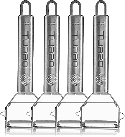 TURBO PRODUKTE 4 Stück Sparschäler aus Edelstahl für Obst & Gemüse - Vor-und Rückwärts mit Pendelklinge für Links- & Rechtshänder - 3in1 Funktion