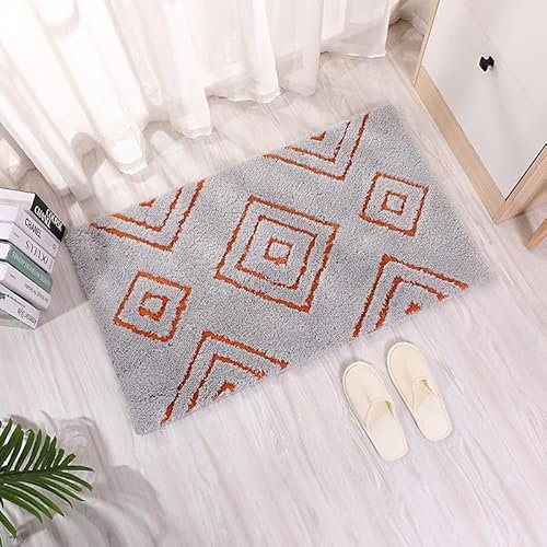 Badezimmerteppich Grau Orange Geometrie Teppich Weich Flauschig Badematte Saugfähig Schmutzfangmatte Badteppich Mikrofaser Badvorleger rutschfest Waschbar Badezimmermatte 50x80cm
