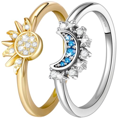 Berry Only Sonne Mond Ring Gold Silber Set, Ringe Frauen Silber 925, Himmlische Sonne Ring Gold Mond Matching Rings, Sun and Moon Rings Set Damenring Dupes Schmuck Geschenk für Frauen Valentinstag,6