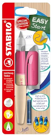 STABILO - Schulfüller ergonomisch für Linkshänder mit Anfänger-Feder A - EASYbirdy Timber in pink - inkl. Patrone - Blister