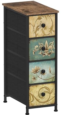 VEDECASA Schmal Kommode Schrank mit 4 Schubladen aus Stoff Böhmische Schminktisch Kommodenschrank Schubladenschrank für Schlafzimmer Wohnzimmer Flur aus Metallrahmen Holzwerkstoff Vintage