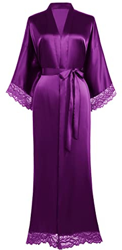 BABEYOND Robe de bain pour femmes - Longue et courte - Unie - Peignoir en dentelle avec manches en soie et satin - Kimono - Robe d'été - Couleur pure - Robe de chambre, violet, taille unique