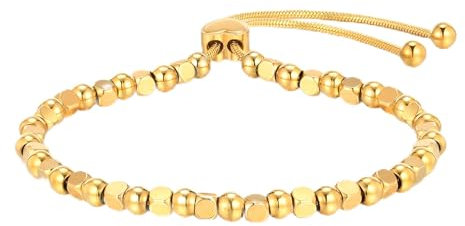 Armband Gold Damen Edelstahl - Verstellbare Goldene Kugelarmband mit Runden und Eckigen Bead, 18K Vergoldet Armbänder mit Herzverschluss, Geburtstag Geschenke Schmuck für Frauen Mädchen Freundin