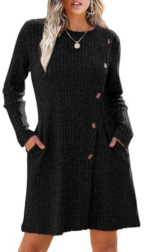 Yeenily Vestido Punto para Mujer Cuello Redondo Vestidos Suéter Elegante Vestido de Jersey Manga Larga A-Line Casual Túnica Vestidos para Otoño Invierno (Negro, L)