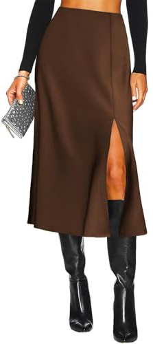Gonna longuette da donna in raso con spacco laterale a una linea elastica a vita alta con stampa leopardata ghepardo gonne lunghe in seta per le donne, Marrone cioccolato, XL