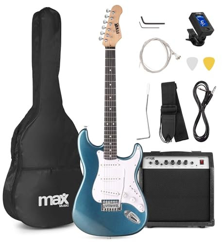 Max GigKit E Gitarre Set, E Guitar, Elektrogitarre mit Verstärker 40 Watt, Gitarrentasche, Plektrum, Gurt, Stimmgerät, Instrumentenkabel, Ersatzsaiten, 4/4 Electric Guitar, E Gitarren Set in Blau