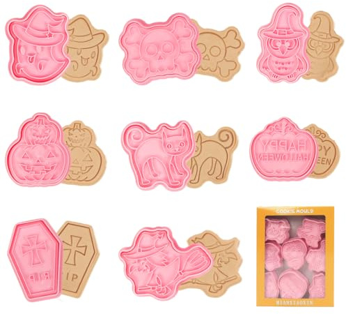 Cortadores Galletas Halloween, Juego de 8 3D Moldes para Galletas de Plástico-Incluye Calabaza, Calavera, Ataúd, Búho, Fantasma, Bruja, Gato