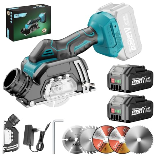 SINGTIP Mini Amoladora Angular Batería 76mm Compatible con Baterías Makita de 18V, 19500RRPM Radial Pequeña con 2 Baterías de 4,0Ah, 5 Discos de Corte para Metal/Madera | Con Cubierta Antipolvo