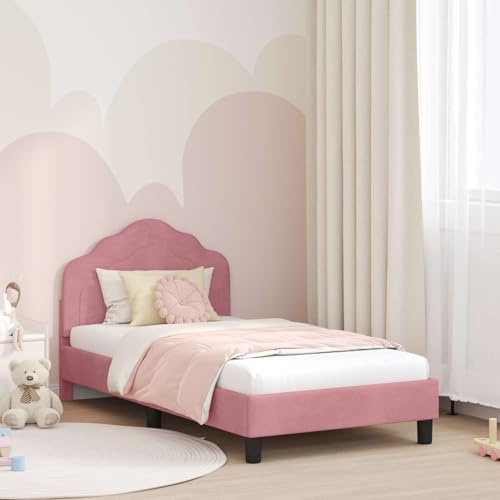 Ordellia Barnsängram med sänggavel, rosa sammet 80 x 160 cm, robust plattformssäng av trämaterial, låg design för sovrum, hållbar möbel
