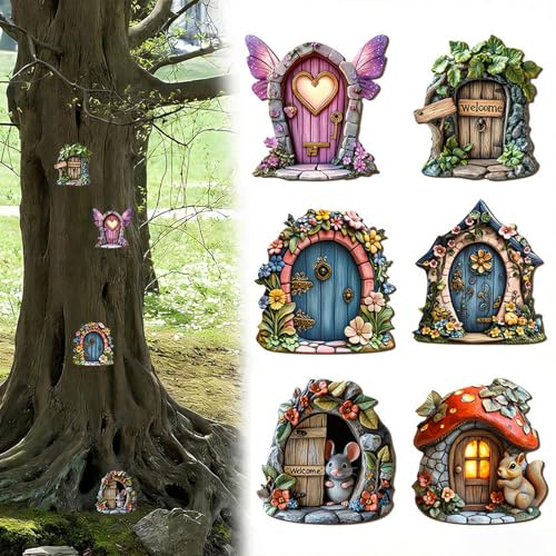 FOSDICK 6 Pezzi Porte di Legno Delle Fate, Porticina Elfo Dell'Albero Del Giardino Delle Fate, Decorazione Giardino Miniatura 2D con Porticina Elfo Albero, Accessorio Artistico per Esterni Casa