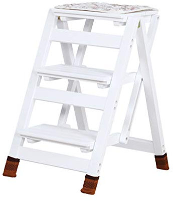 Klapptritte Ladder Stuhl Hocker Mehrzweck Holz Faltbare Regalleiter Bibiliothek 3 Schritte Haushalts-bewegliche Climb Trittleiter, Weiss