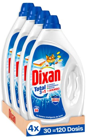 Dixan Gel Total 3+1, Detergente Líquido para Lavadora (30 lavados, pack de 4, total: 120 lavados), para ropa blanca y clara, Limpieza, luminosidad y frescor