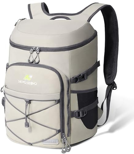 N NEVO RHINO Backpack Cooler, 36 Cans, Light Gray, Nylon, Insulated, Waterproof, Leakproof, Large Capacity, Multiple Pockets, 1.85 lbs