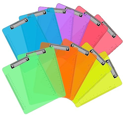 Plastic Clipboards, PANDRI 12 Pack Clear Colored Clipboards, Low Profile Clip Board 12.5 x 9 Inch Standard Letter Size, Office Supplies Classroom