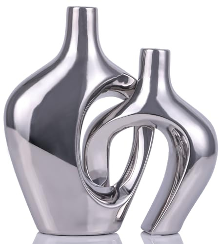 Juego de 2 jarrones de cerámica Huecos Plateados, jarrones Modernos de Estilo Bohemio nórdico para decoración de Bodas, Sala de Estar, Oficina, Entrada, centros de Mesa de Comedor