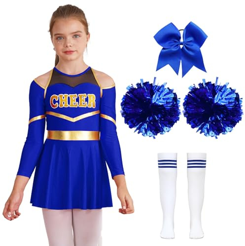 Alvivi Costume Pompom Girl Enfant Fille Robe De Danse Cheerleading Uniforme Pompom Girl Tenue Danse Compétition Spectacle Carnaval Halloween Bleu 11-12 ans