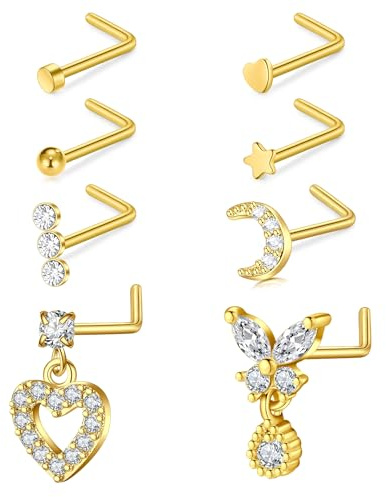 WillTen 8 st nässtift L-form, 20 g kirurgiskt stål näsa stift silver kubisk zirkon, näsring labret läpp näsa piercing smycken för kvinnor män, Metall