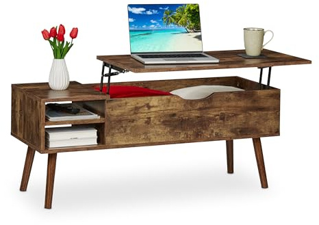 Relaxdays Mesa Centro Elevable, 2 Compartimentos Laterales, Mesita Sofá con Almacenaje, Industrial, 45x108x40cm, Marrón