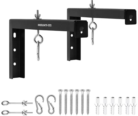 Mount-It! Projector Screen Wall Mount L-Brackets - Extra Large Wall and Ceiling Hanging Bracket for Home Projector and Movie Screens, 12 inch Mounting Hooks, 1 Pair, Black, 66 Lb Each Capacity