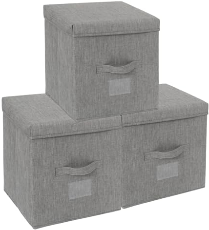 Augfox Set de 3 Cubo Plegable con Tapa - Baul Juguetes Infantil, Cajas Almacenaje Ropa, Solución Perfecta Organizador Armario para Juguetes, Ropa (Gris Oscuro, 32x32x32cm)
