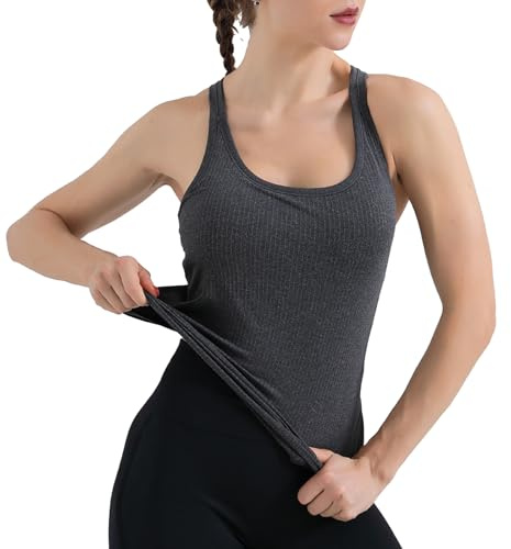 SHEKINI Damsportlinne, topp med integrerad behå utan bygel, ärmlös, ribbad undertröja, bh-skjorta, basic, andas, yoga, fitness, skjorta, sommar, racer, rygg, topp, crop topp, yoga-bh, svart, S
