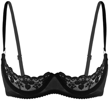 renvena Reggiseno da Donna in Pizzo Floreale Mezza Coppa Balconcino Bra con Ferretto Brasiliana Reggiseno Hot Aperto Trasparente Lingerie Underwear Nero M