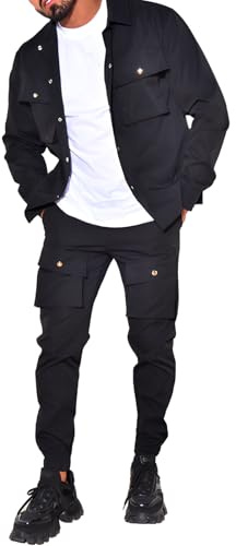 amropi Uomo Completi 2 Pezzi Giacca Bottone e Pantaloni Cargo Tuta da Ginnastica con Tasche Nero, XL