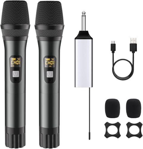 DigitConvert Micrófono inalámbrico, Dual Mic de Micrófono de 60 m, micrófono de Mano dinámico con Receptor Recargable, Compatible con Amplificador, Sistema PA, Karaoke Domestico, Boda, DJ, Fiesta