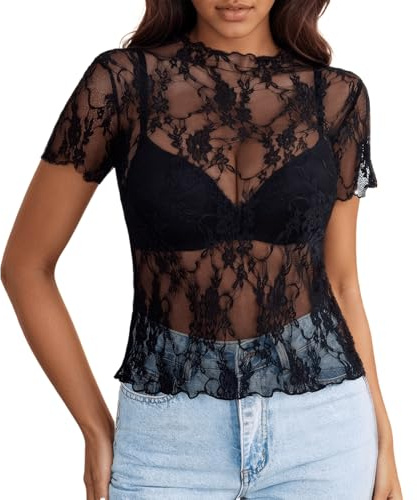 ueslwser Top de malla para mujer Blusa negra transparente de malla para mujer, encaje de manga corta, cuello redondo, camiseta de malla transparente para mujer