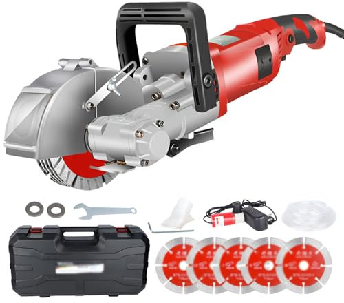 Wall Chaser with 5 x 125mm Blades, Electric Slitting Machine Wall milling Machine with Suitcase, 7500r / min, 0-37mm Cutting Depth, Concrete Saw for Granite Marble Concrete Stone red