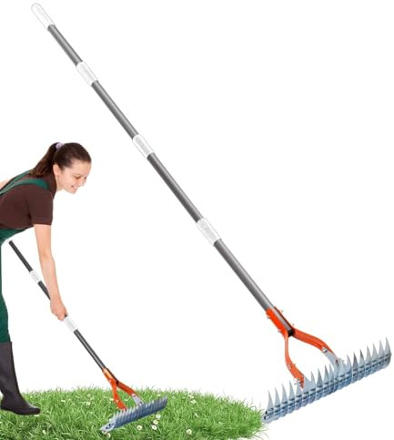 Rastrello di paglia in metallo, rastrello da giardino per il giardinaggio - Rastrello a mano del coltivatore a manico lungo regolabile,Utensili da giardino portatile ergonomico coltivatore di talle