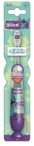 Disney Stitch - Spazzolino da denti lampeggiante per bambini, con luce lampeggiante di 2 minuti, impugnatura comoda, setole morbide arrotondate e ventosa per riporre in posizione verticale, per