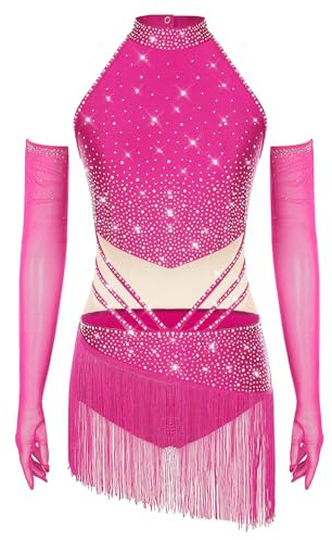 Freebily Vestito da Ballo Donna Latino Americano Tango con Guanti Body Danza Classica con Frange Nappe Strass Abito da Pattinaggio Artistico Costume Danza Samba Salsa Rosa caldo S
